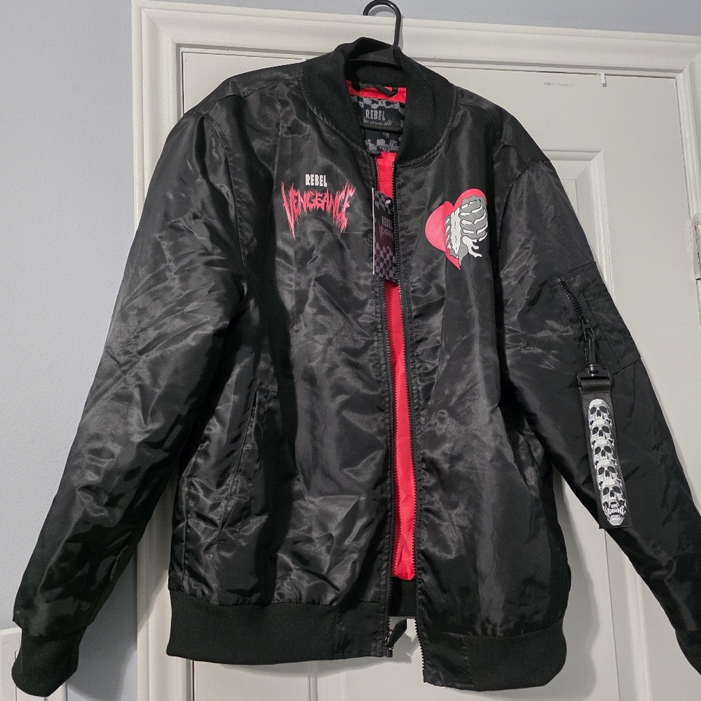 Rebel Vengeance Black and Red Graphic Bomber Jacket